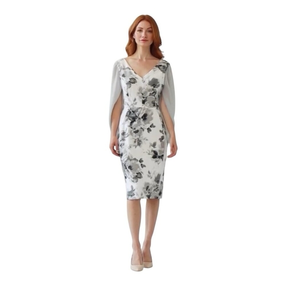 $258 Joseph Ribkoff White Grey Floral Cape Shoulder Dress Women’s Size 10 - Picture 1 of 9